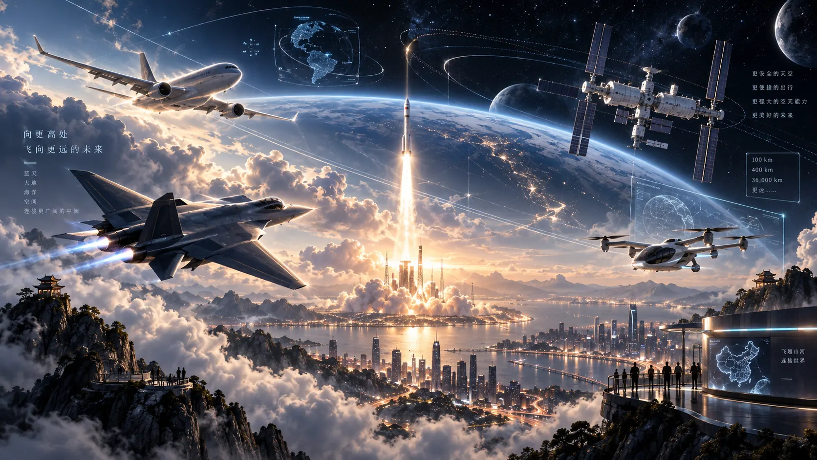 客机、战斗机、火箭、空间站与 eVTOL 概念氛围图