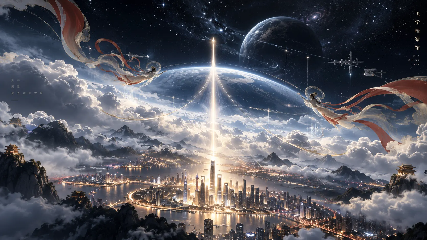 城市、云海与星空中的上升光束概念图